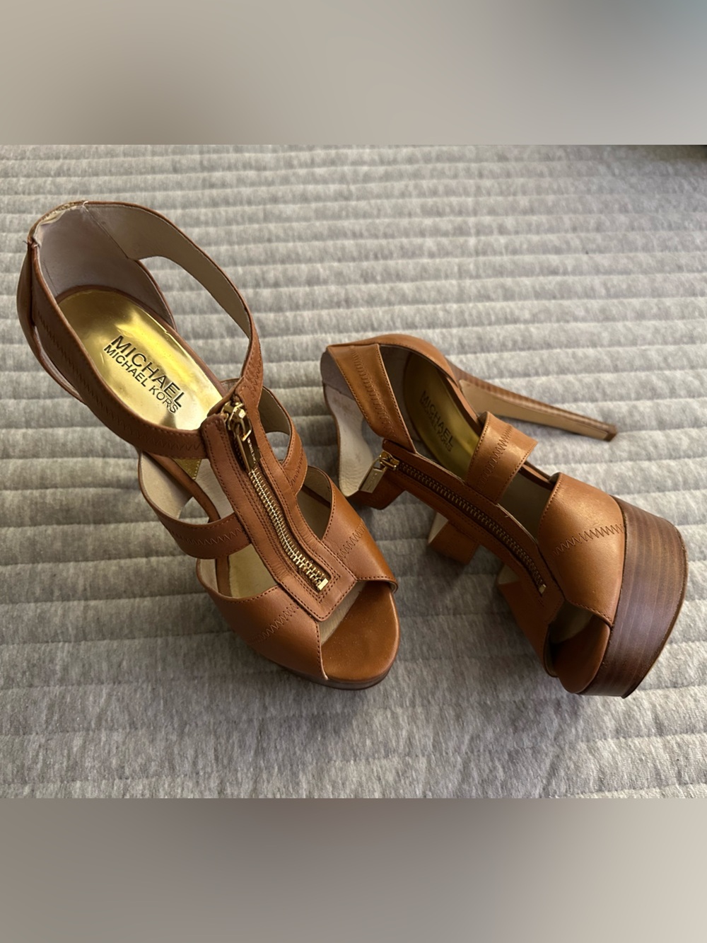 Michael Kors Tan Leather Platform Sandal - Zip Front High Heel